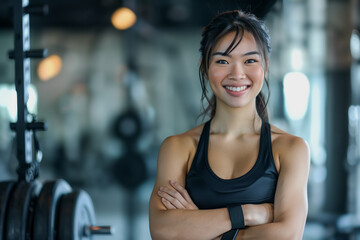 Obraz premium Portrait of a beautiful smiling Asian woman standing with arms crossed in a gym