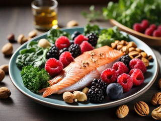 A plate filled with kidney-friendly foods, such as leafy greens, berries, fish, and nuts, highlighting the role of nutrition in maintaining kidney health. with Generative AI Technology	
