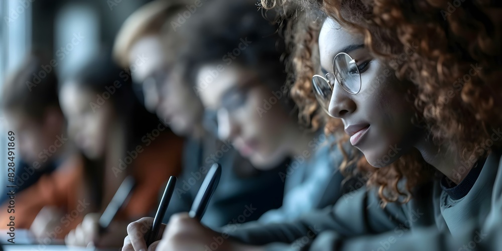 Aufkleber students from various backgrounds studying together and taking notes during an exam in a classroom w