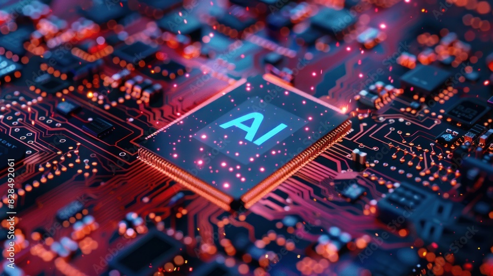 Poster photograph of a state-of-the-art microchip emblazoned with the name ai, symbolizing advanced artific