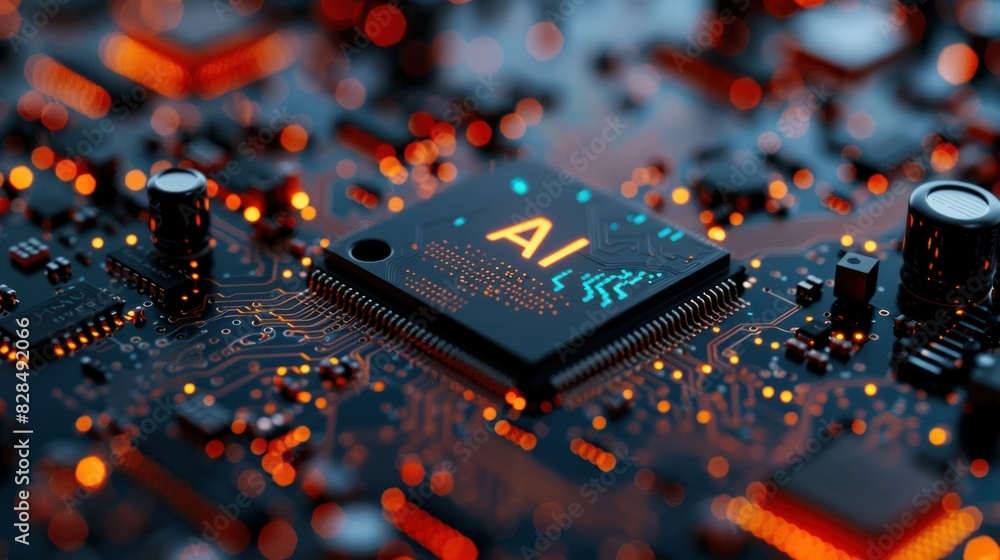 Poster photograph of a state-of-the-art microchip emblazoned with the name ai, symbolizing advanced artific