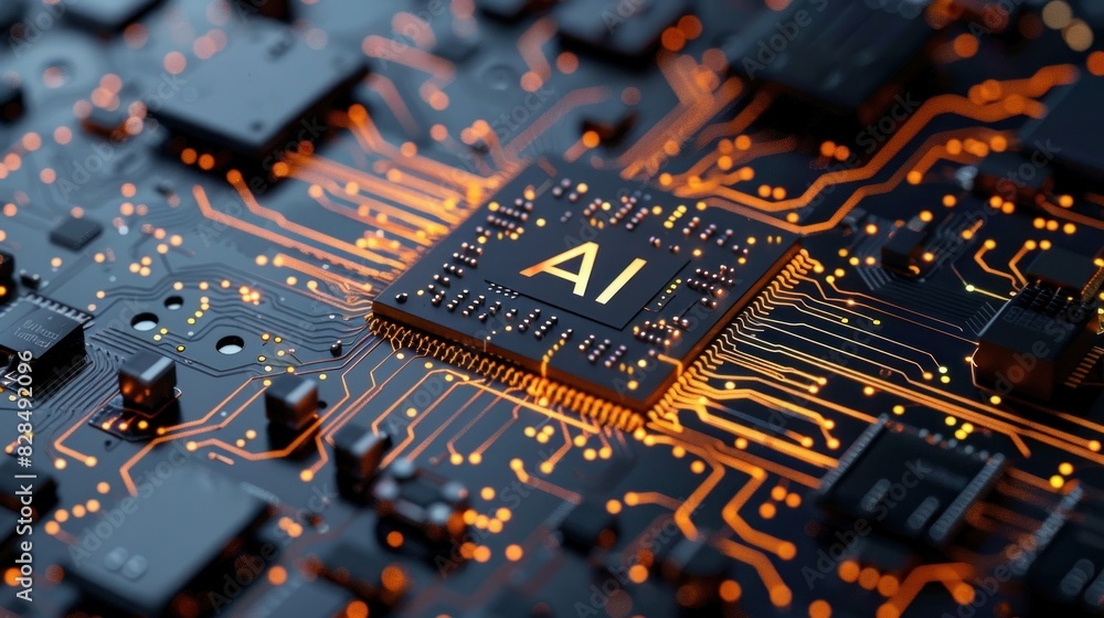 Poster photograph of a state-of-the-art microchip emblazoned with the name ai, symbolizing advanced artific