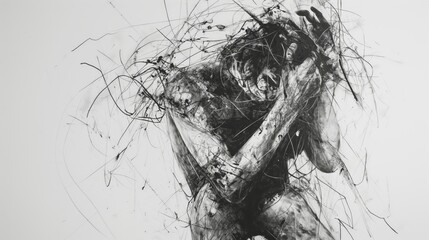 A woman is depicted in a painting with her arms wrapped around her body. The painting is black and white and has a lot of lines and splatters. The mood of the painting is one of sadness and despair