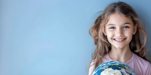Smiling Girl Standing Next to Earth Symbolizing Climate Change Awareness and Environmental Care. Concept Environmental Care, Climate Change Awareness, Smiling Girl, Earth Symbolism