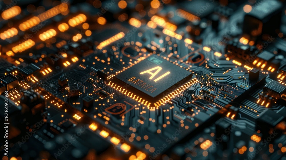 Poster photograph of a state-of-the-art microchip emblazoned with the name ai, symbolizing advanced artific