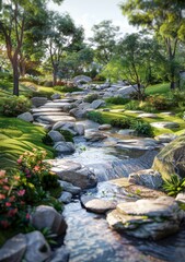 chinese style garden landscape design, small bridges and flowing water, rockeries and flowers