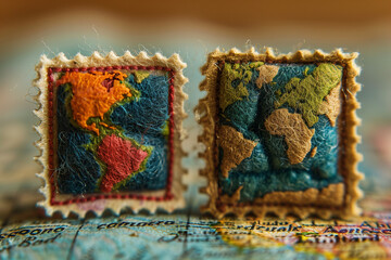 Two artistic DIY felted postage stamps depicting the world map, world globe on a map background. unusual creative handmade mail postage stamps.
