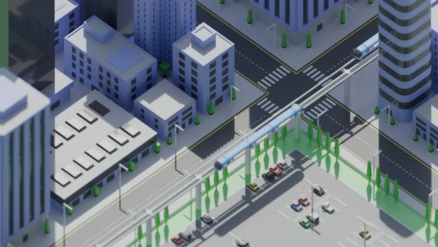 3d looping animation of isometric top view city, low poly city, loop video, HD 4k