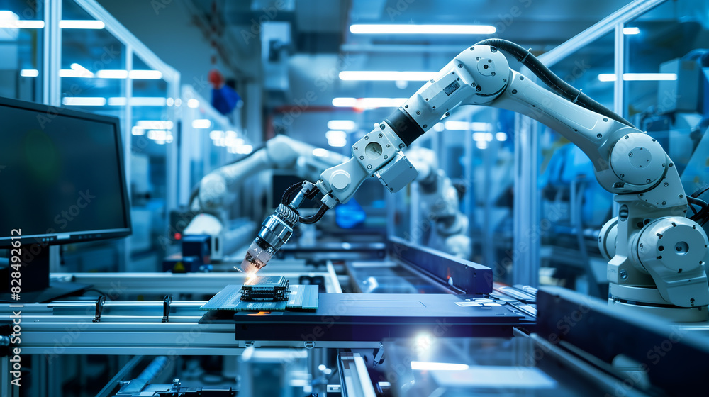 Poster a factory with robots working on a conveyor belt. the robots are orange and are working together to 