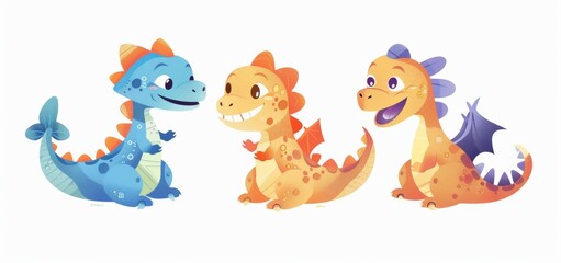 Fototapeta premium Colorful Cute Cartoon Dinosaurs Smiling