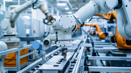 Fototapeta premium A factory with robots working on a conveyor belt. The robots are orange and are working together to assemble a product. Scene is one of efficiency and productivity