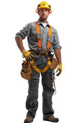 Construction worker in hard hat and tool belt, posed against transperent background. The focus is on the detailed work gear and construction outfit