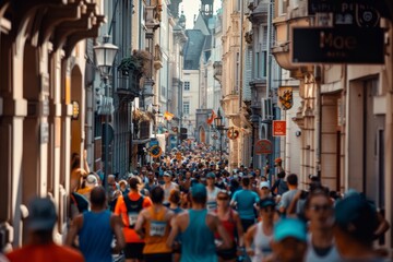 Marathon Runners in Historic City Center with Festive Crowds and Warm Atmosphere for Event Posters or Print