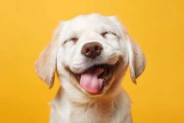 In a studio photo, a friendly golden retriever dog is captured pulling a funny face, radiating charm and playfulness. This portrait perfectly captures the lovable and humorous nature of the dog. 