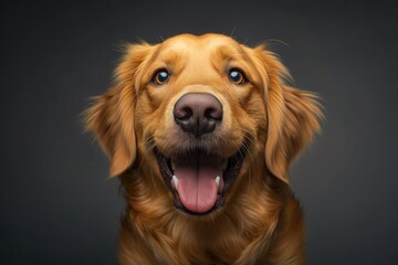 Obraz premium In a studio photo, a friendly golden retriever dog is captured pulling a funny face, radiating charm and playfulness. This portrait perfectly captures the lovable and humorous nature of the dog. 