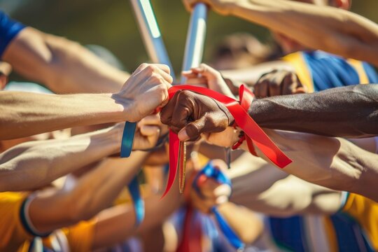 Relay Race Team Celebrating Victory with Group Hug, Batons, and Medals - Sports Achievement Concept