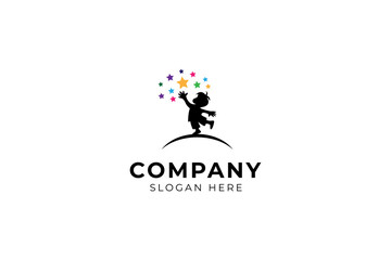 silhouette image of a child reaching for the stars in the sky with colorful flat template vector logo design