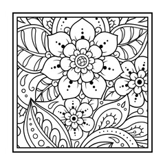 Outline square flower pattern in mehndi style for coloring book page. Antistress for adults and children. Doodle ornament in black and white. Hand draw vector illustration.
