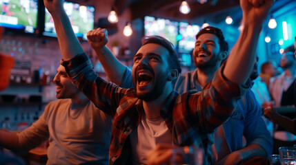 people in a sports bar raising hands and laughing