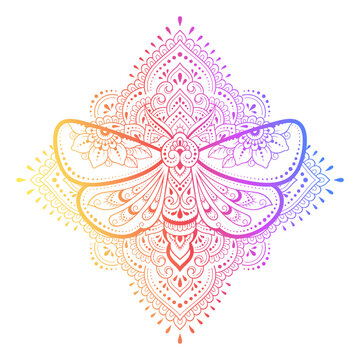 recommend clip art: Moth decorated with Indian ethnic floral vintage pattern. Hand drawn decorative insect in doodle style. Stylized mehndi ornament for print, design for room, cover. Rainbow design on white background.