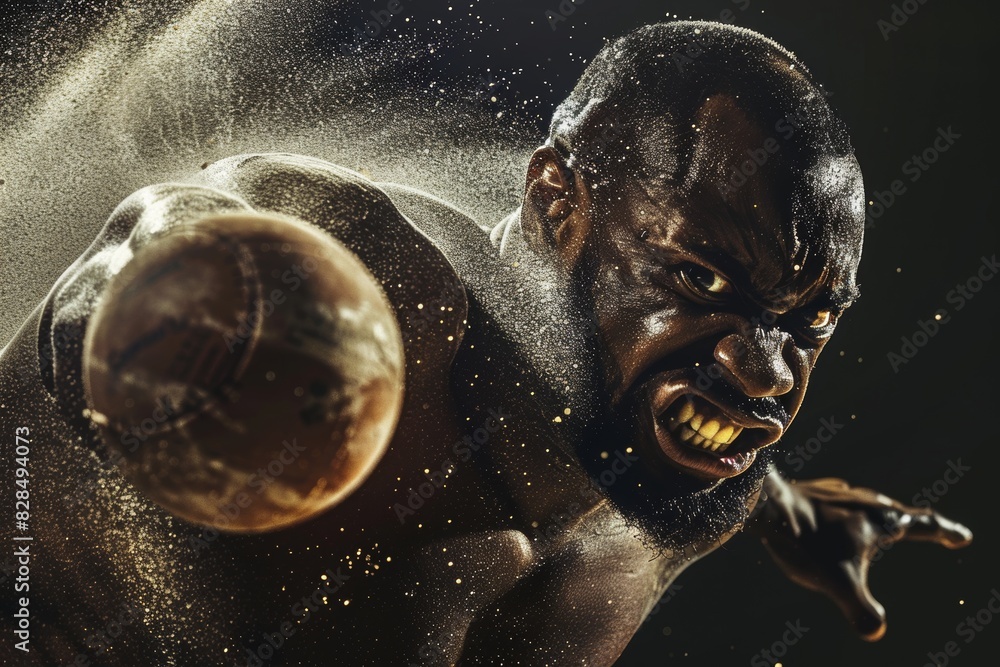 Poster intense shot put athlete in the moment of release with dynamic motion and power concept