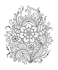 Mehndi flower pattern for Henna drawing and tattoo. Decoration in ethnic oriental, Indian style. Doodle ornament. Outline hand draw vector illustration.