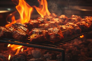 Grilled meat on barbecue grill, closeup. Barbecue food