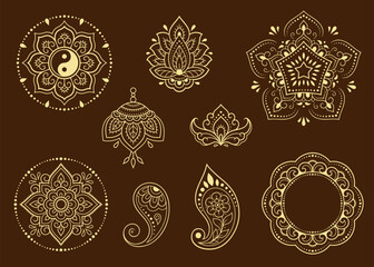 Set of Eastern ethnic religious symbols. Mandala with OM mantra, Yin Yang, Lotus flower. Decorative pattern for henna, mehndi, tattoos, room decoration. Outline doodle vector illustration.