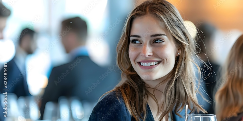 Poster cheerful businesswoman enjoying a drink at a networking event discussing innovation. concept network
