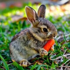 Fototapeta premium rabbit eating carrots in the grass