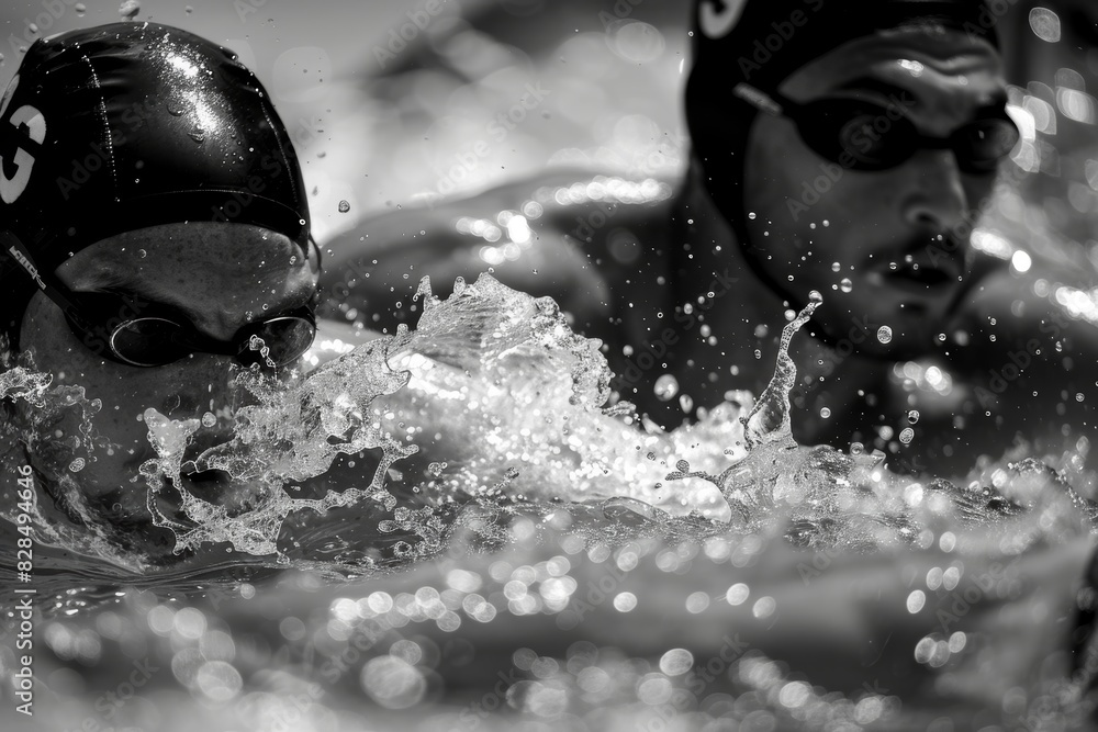 Poster swimmers practicing relay exchanges with precise timing and coordination during training session