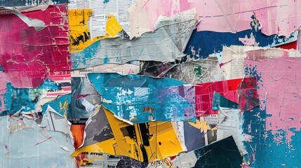 Abstract collages created from torn newspapers and magazines.