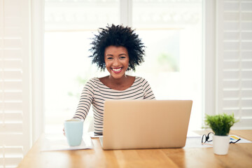 African woman, smile and portrait with coffee, laptop and notebook in apartment for planning and...