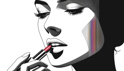 A minimalist illustration of a woman applying red lipstick. The image focuses on her face and hand, highlighting elegant features with clean lines and subtle shading.