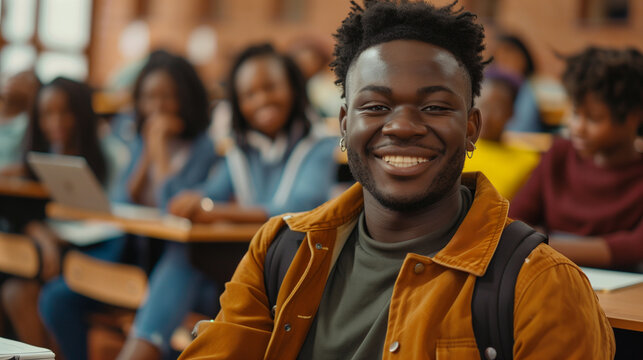 young student with backpack smiling at the camera students in the background 