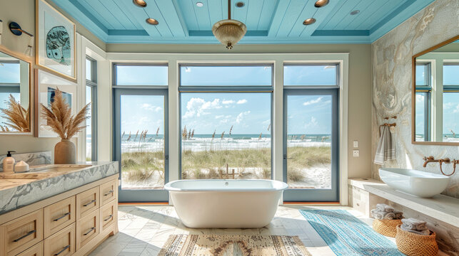 Minimalist contemporary bathroom of a villa hotel by beach in blue theme