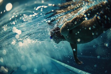 Underwater Side View of Athlete Performing Butterfly Stroke with Perfect Form and Bubbles Trail