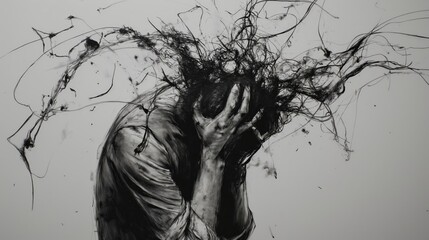 A man is depicted with his head in his hands, looking down. Concept of sadness and despair