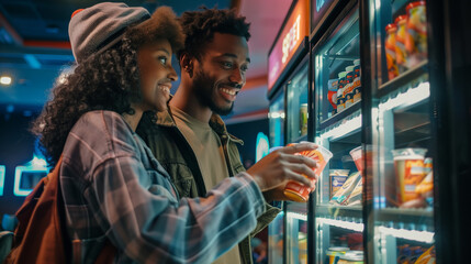 two people choosing snacks from a gas station drink fridge 