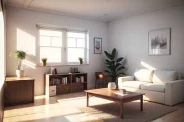 Modern, cozy living room bathed in warm sunlight, featuring a comfortable sofa, house plants, and minimalist wall art decor