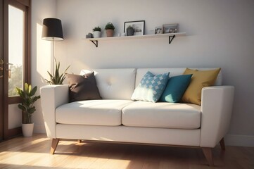 Fototapeta premium Modern living room with white sofa, vibrant cushions, sleek floor lamp, and soft morning sunlight pouring through the window