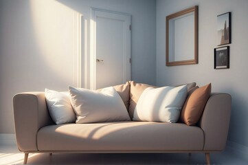 Modern living room with stylish sofa basking in natural sunlight, creating a serene and inviting atmosphere