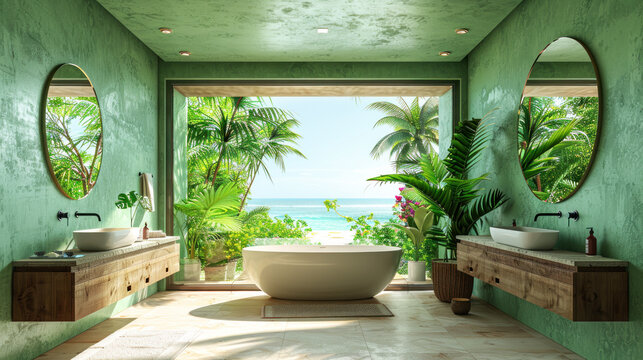 Minimalist contemporary bathroom of a villa hotel by beach in green theme