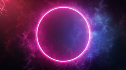 Glowing neon circle on dark background with colorful mist and sparkles around it.