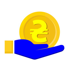 Design of Ukrainian currency hryvnia in hand in flat style. Gold coin with a pictogram in hand in blue and yellow colors on a white background. Can be used as a logo or icon