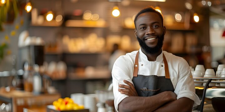 Young bearded black man in apron arms crossed working in coffee shop. Concept Coffee Shop, Barista, Black Man, Apron, Working - Powered by Adobe