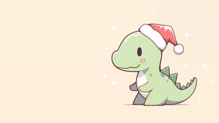 Obraz premium Hand drawn cartoon illustration of dinosaur wearing Santa hat 