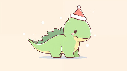 Obraz premium Hand drawn cartoon illustration of dinosaur wearing Santa hat 