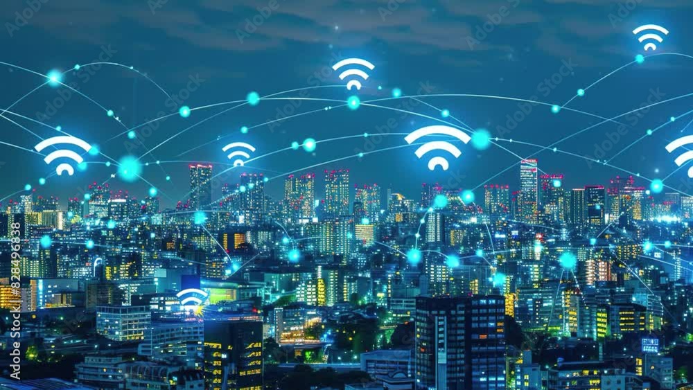 Poster concept smart city interconnectivity. modern city and communication network. wireless network and co