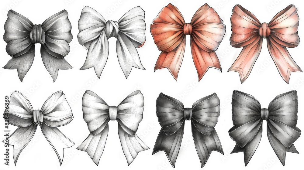 Wall mural decorative and handmade bows doodle set. collection of pen and pencil drawings of decorative ribbons - Wall murals